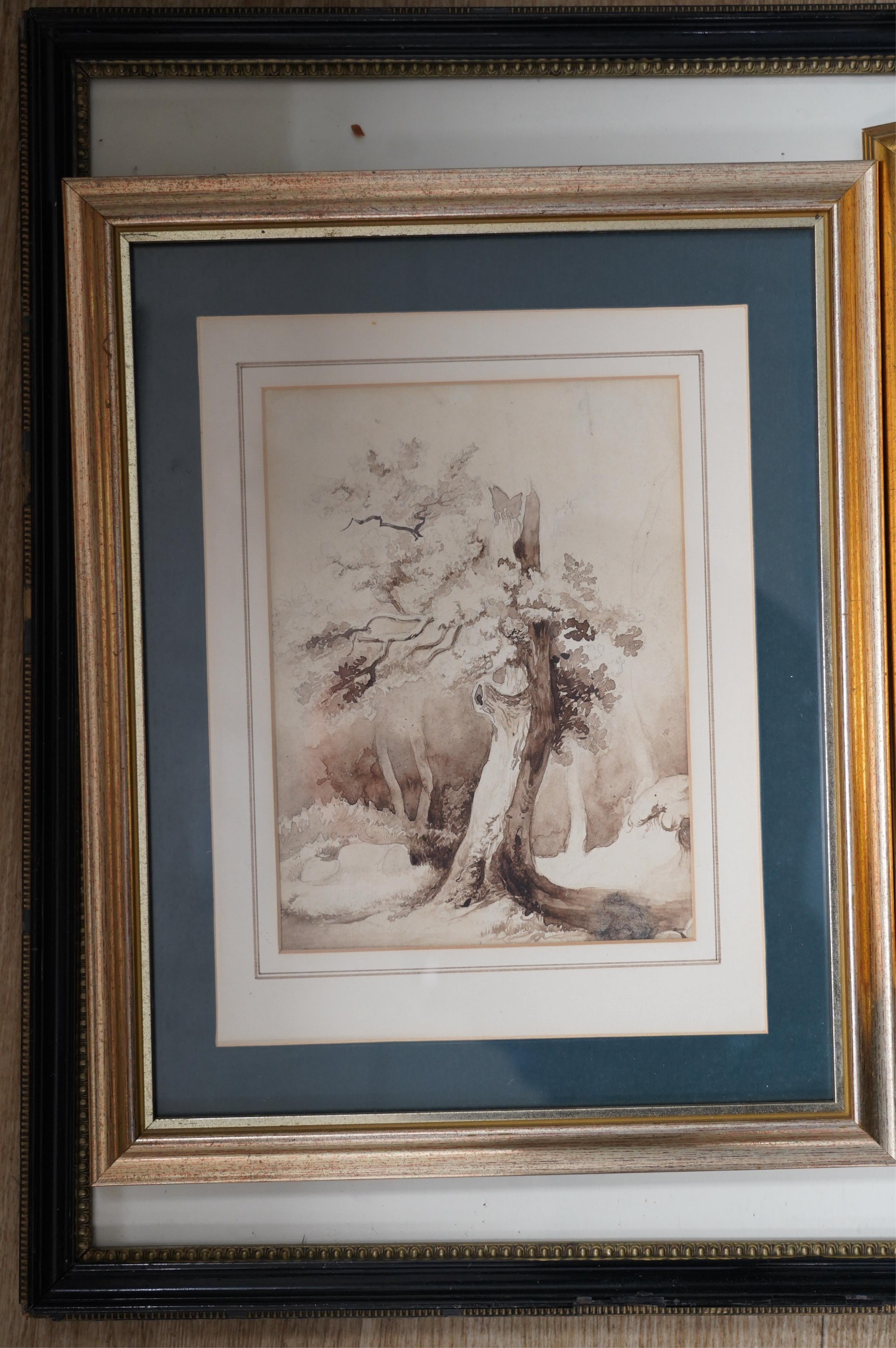 A collection of works comprising, a set of three Chinese watercolours on silk, Figural studies, a 19th century, Norwich School monochrome watercolour, Study of trees and an engraving after Titian, together with a gilt fr